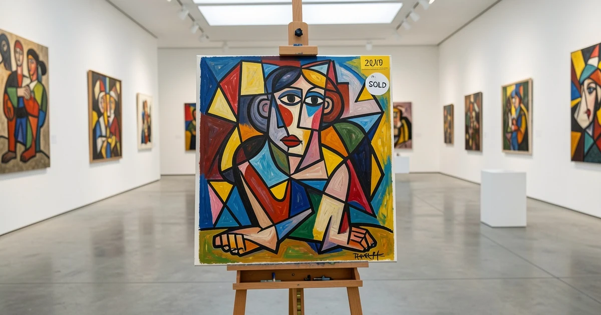 Cuadro picassiano en una galería con etiqueta de vendido