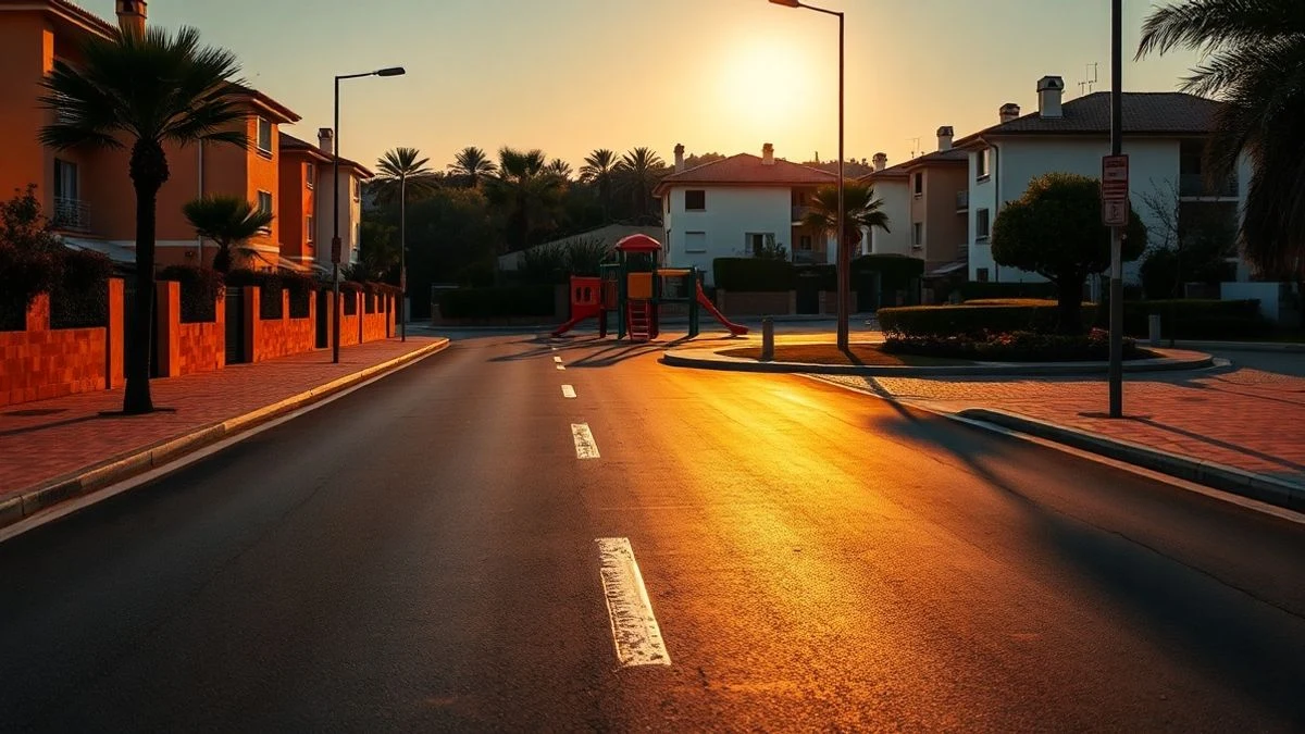 Illustrative image: newly paved street with new sidewalks and streetlights in a coastal development at sunset.