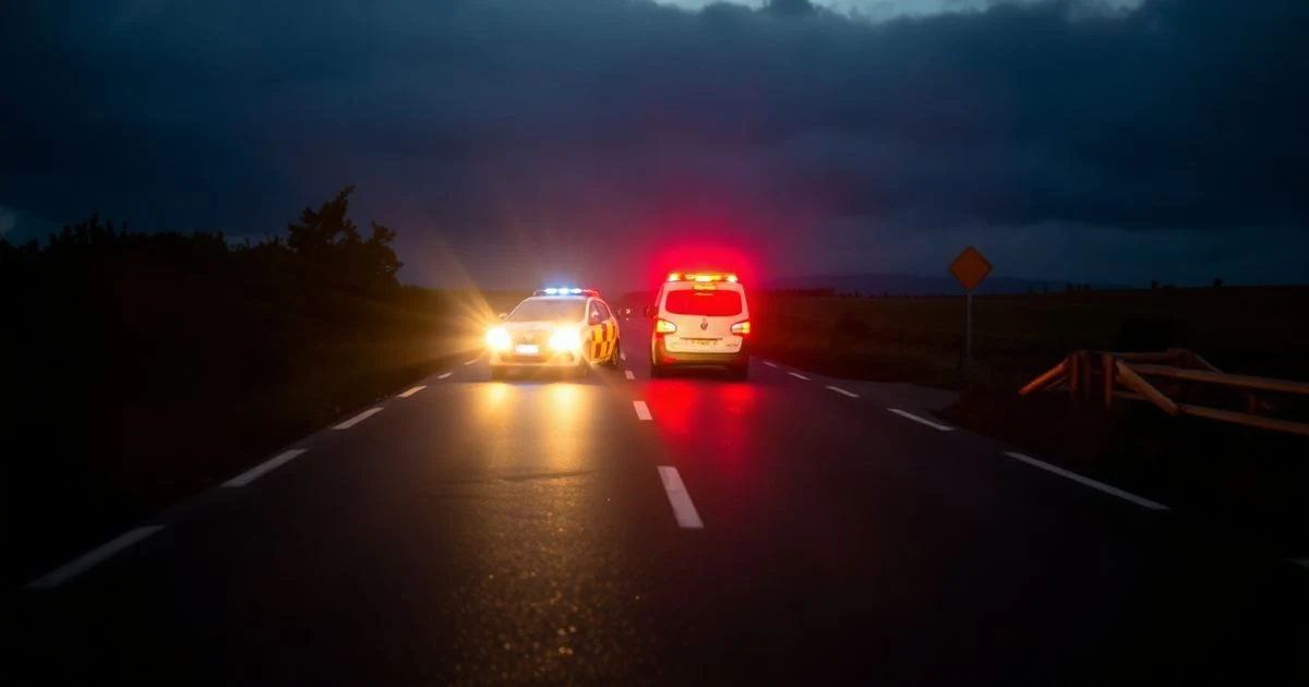 Autovía A-7 al amanecer con luces de emergencia de la Guardia Civil y una ambulancia