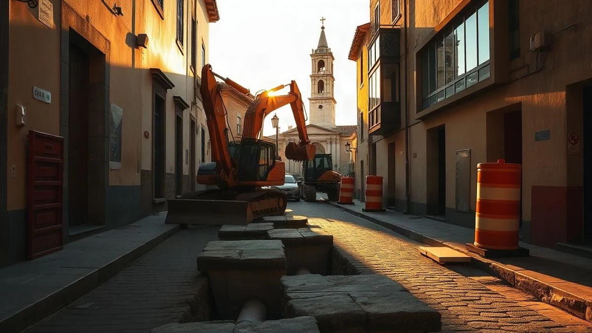 Imagen ilustrativa: una calle estrecha con obras de renovación de pavimento y tuberías a la vista, al atardecer.