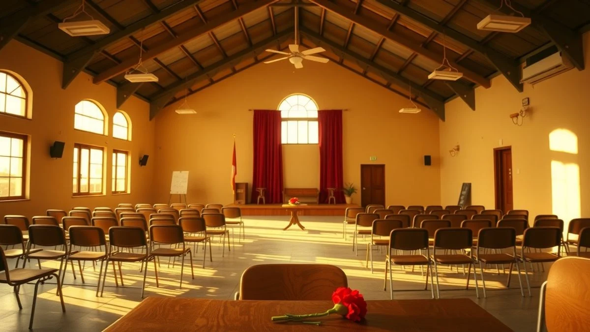 Illustrative image: community room lit by natural light with empty chairs and a red flower on a table in the foreground.