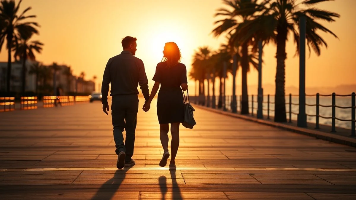 Imagen ilustrativa: silueta de una pareja caminando al atardecer en un paseo marítimo con palmeras y luces cálidas.