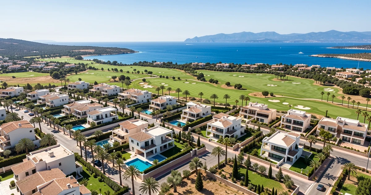 Vista aérea de villas de lujo en Marbella con campo de golf y mar Mediterráneo