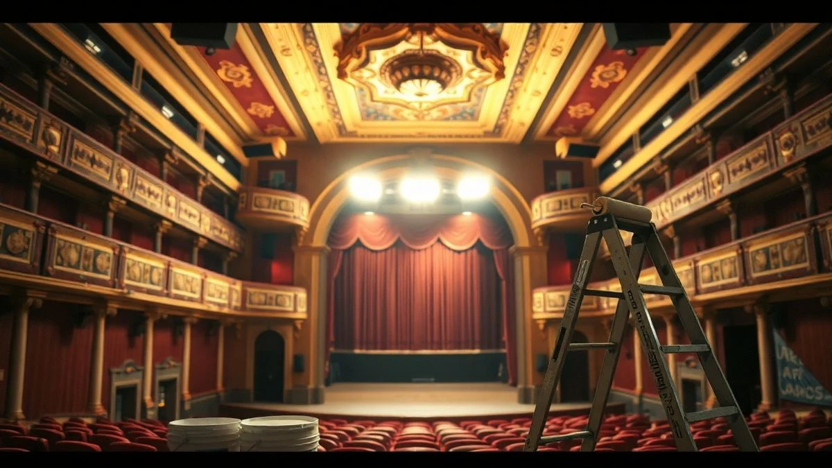 Imagen ilustrativa: interior de un teatro histórico con andamios y material de pintura en primer plano