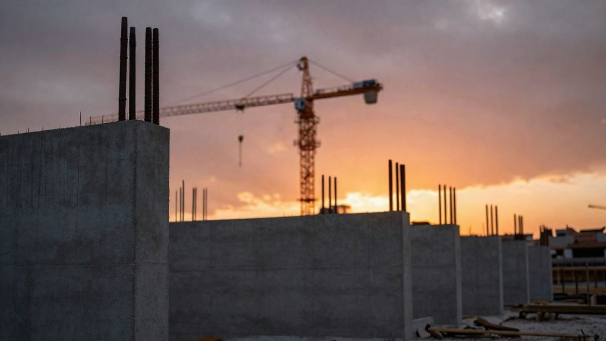 Illustrative image: construction site with concrete walls and micropiles under a sunset sky