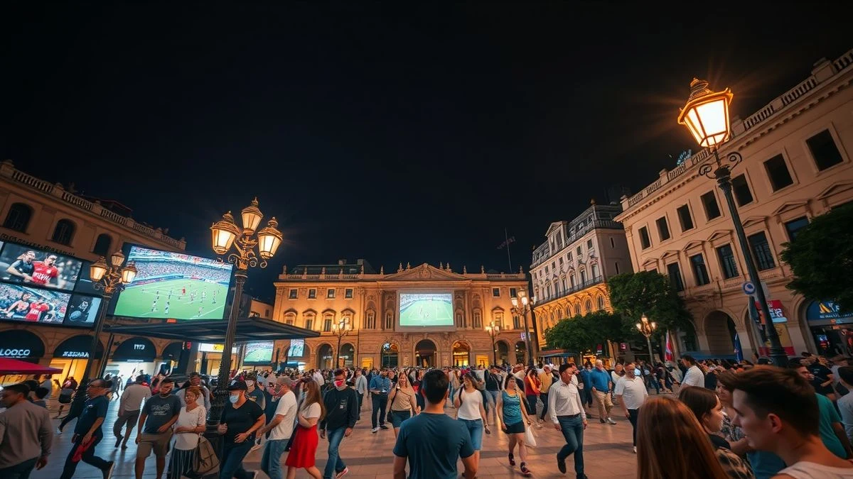 Plaza de España de Fuengirola abarrotada de aficionados con banderas de España viendo un partido de fútbol en pantallas gigantes