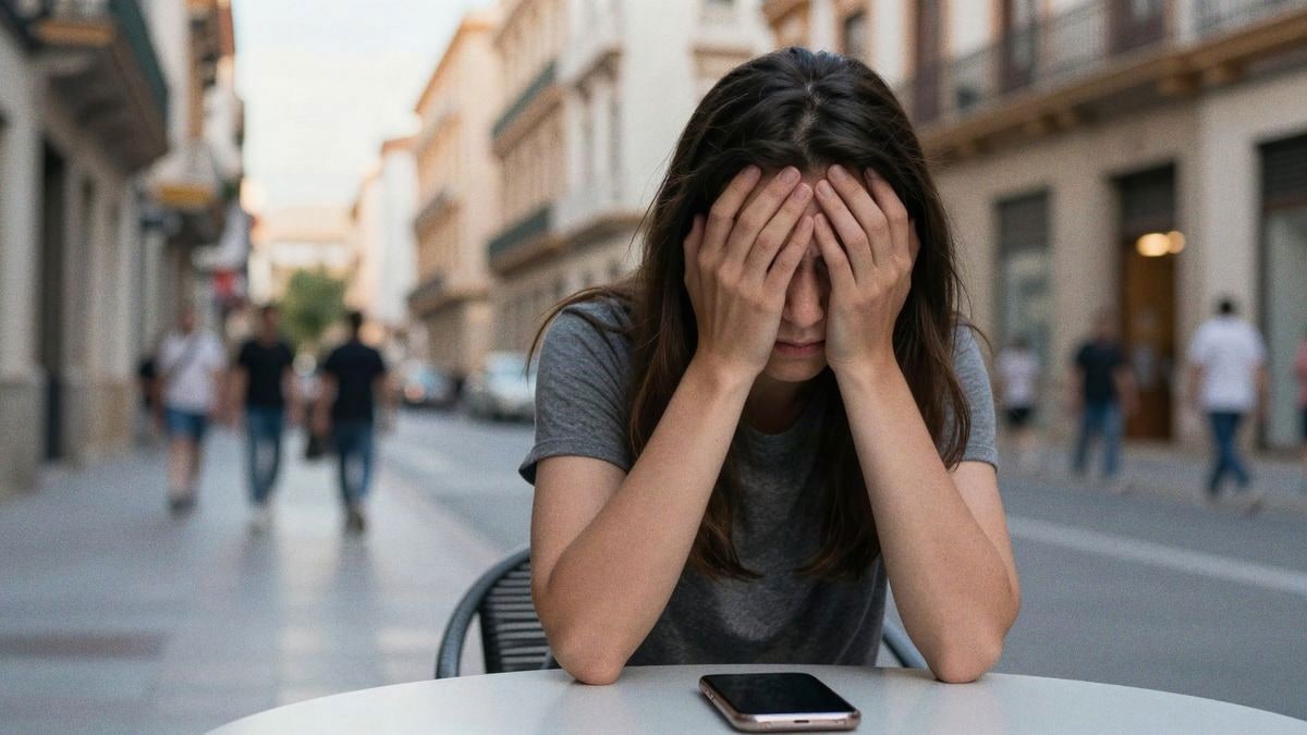 Una calle concurrida de Málaga con un smartphone sobre una mesa, reflejando la frustración por llamadas de spam.